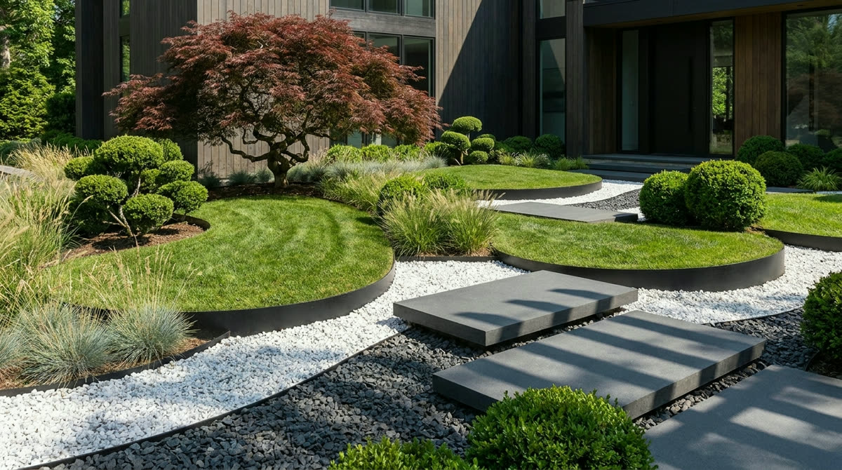 Contemporary landscape design with sculpted lawn islands and layered rock
